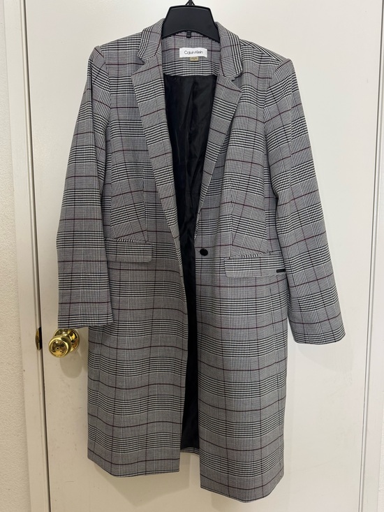Calvin Klein Jackets & Blazers - Calvin Klein Gray Plaid Trench Coat with Subtle Red Windowpane
